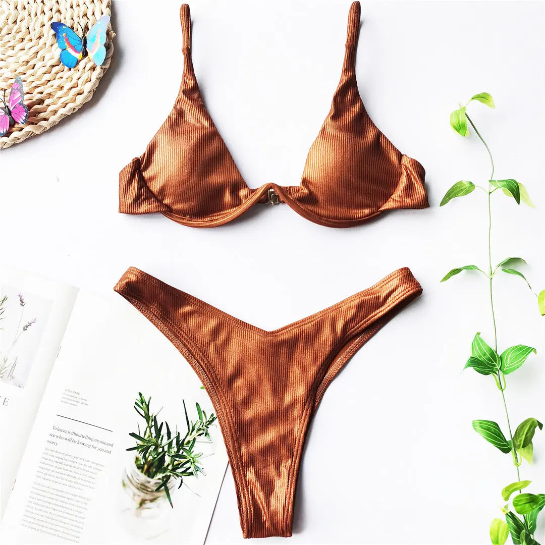 S - XL V-bar Underwired Bikini Female Swimsuit Women Swimwear Two-piece V shape Wire Bikini set Bather Bathing Suit Swim