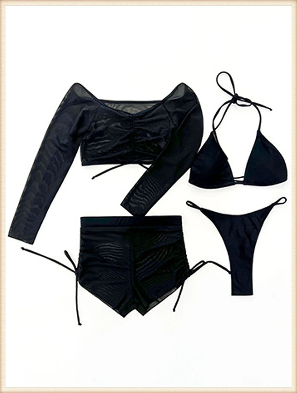 4 Piece Bikini Women Drawstring Cover Up Top & Shorts Swimsuit Female Halter Swimwear Bathing Swimming Mesh Beachwear Suit