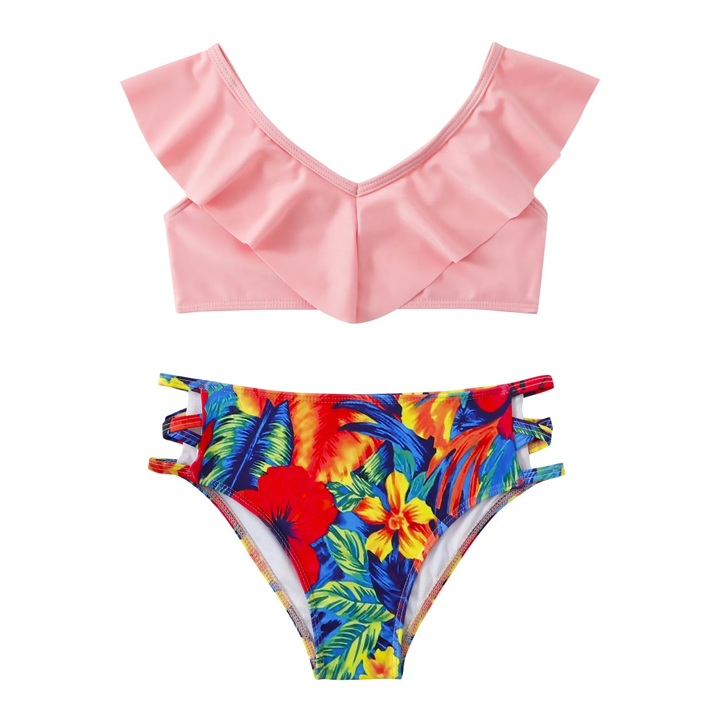 Girls Ruffle Bikini Two Pieces Swimsuit Kids Print Off Shoulder Children's Swimwear 7-12Years Teenager Bathing Suit Beach Wear