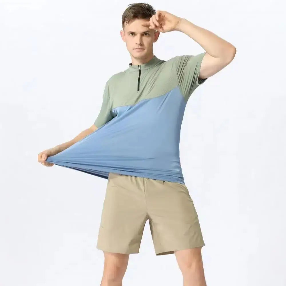 Men Slim Fit Track Top Men's Half Zipper Stand Collar Sports T-shirt with Short Sleeves for Running Fitness Training Breathable