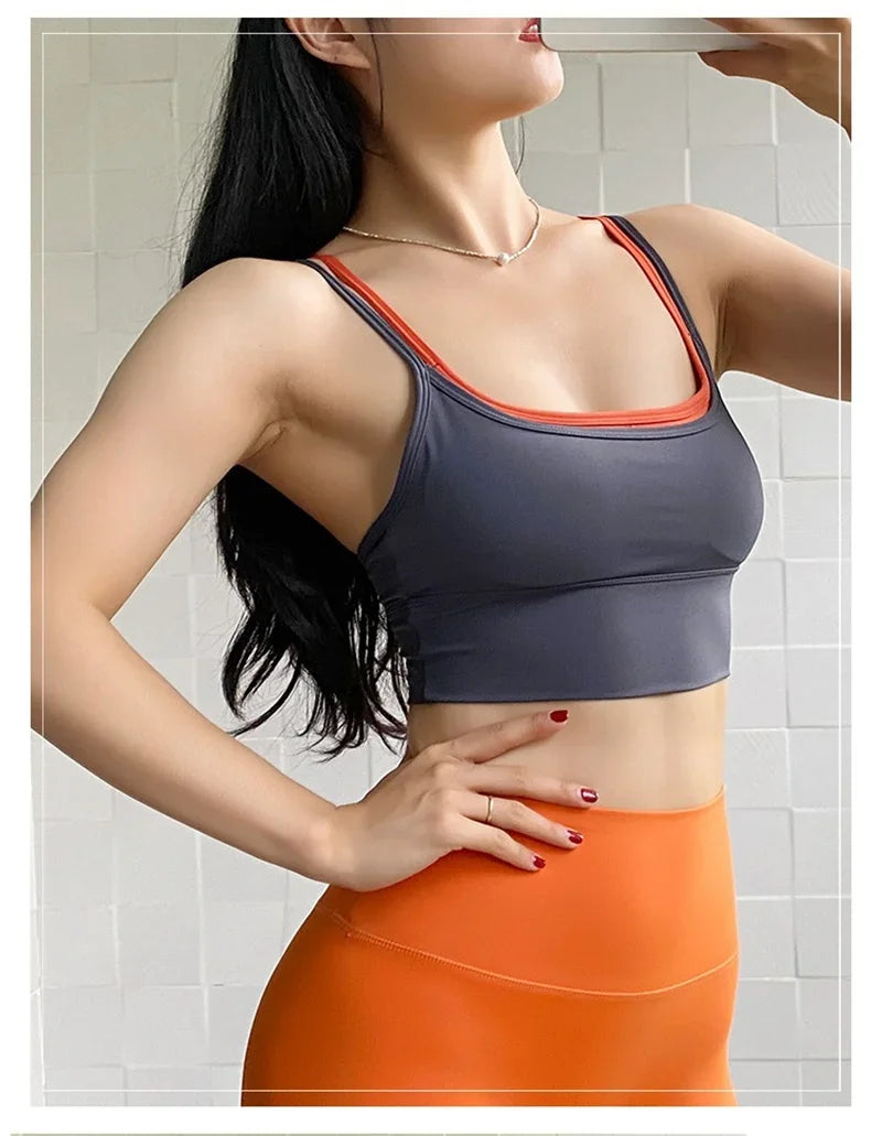 PofyBofy Womens Scoop Neck Longline Sports Bra - U Back Adjustable Straps Workout Crop Tank Top 2 in 1 Longline Workout Yoga Bra