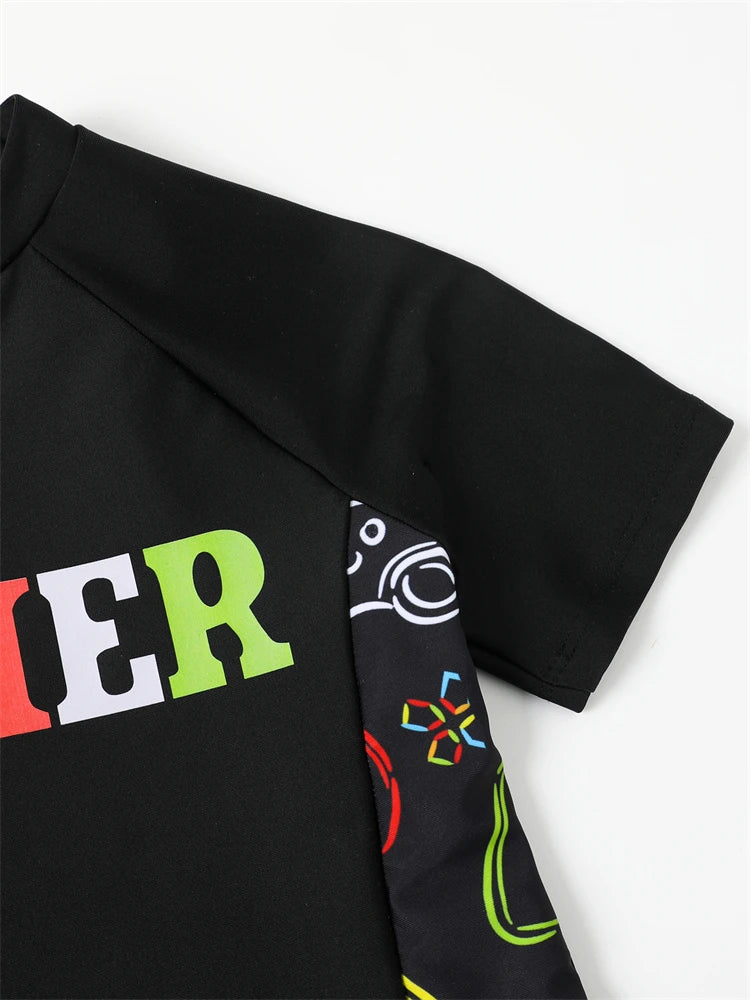 Boy Swimsuit Graffiti Print Short Sleeve Children Swimwear Summer Two Piece Kids Beach Wear Swimming Bathing Suit Boys