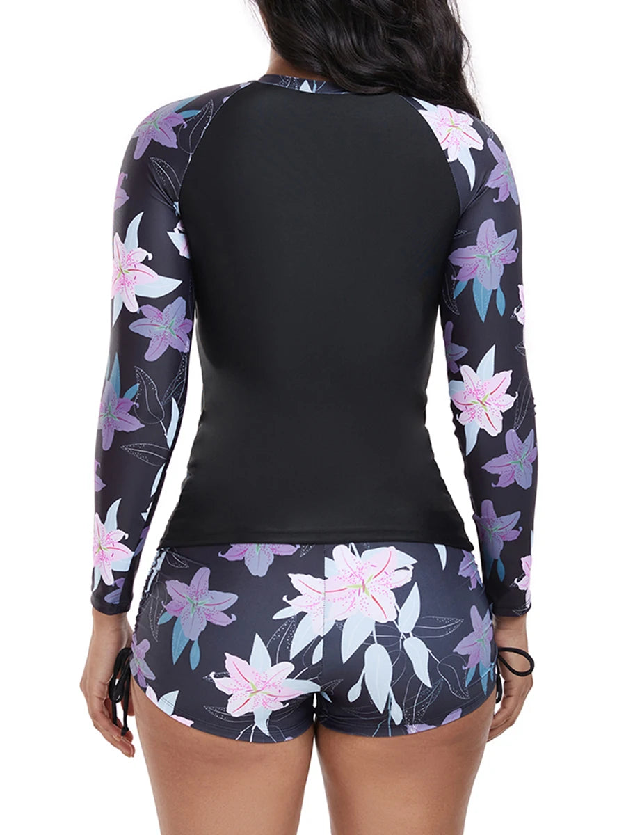 Floral Long Sleeve Surfing Swimsuit Women Two Pieces Zipper Swimwear Female Bathers Bathing Swimming Swim Suit Beachwear