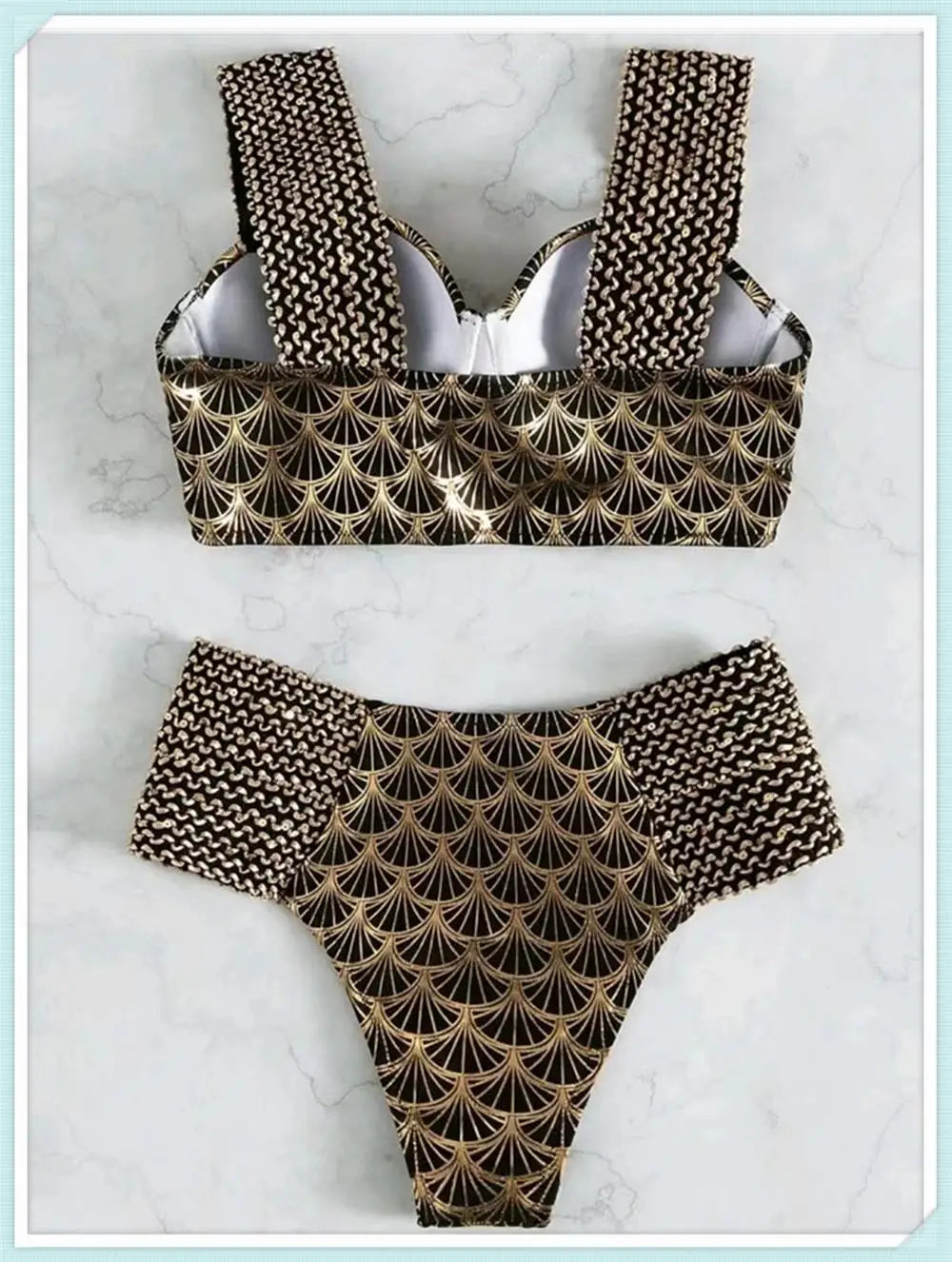 Metallic Stitch Strap Bikini Women Push Up Gold print Swimsuit Female High Waist Swimwear Bathers Bathing Suit Beachwear