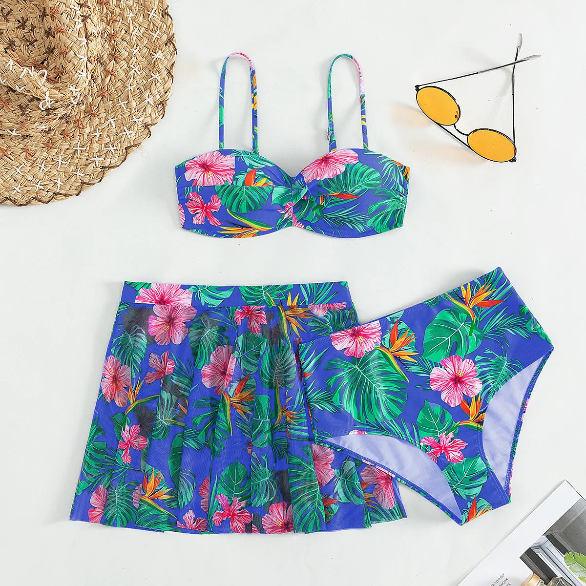 Cikini-Women's Tropical Print Push Up Bikinis Set, Swimsuit with Beach Skirt, Swimwear, Summer Bathing Suit