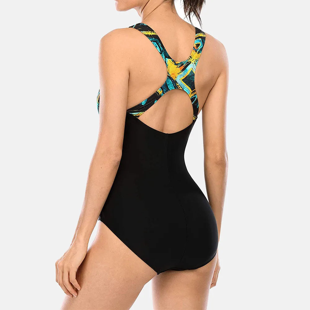 Attraco One Piece Women Sports Swimwear Sports Swimsuit Colorblock Monokini Beach Bathing Suit Bikini Monokini Backless