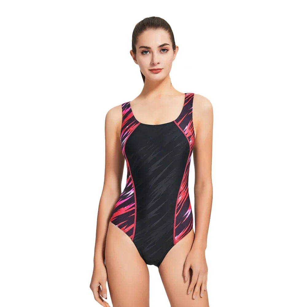 Women Swimsuits One Piece Sports Bodysuit Digital Print Swimwear Racer Back Bathing Suit for Training & Class