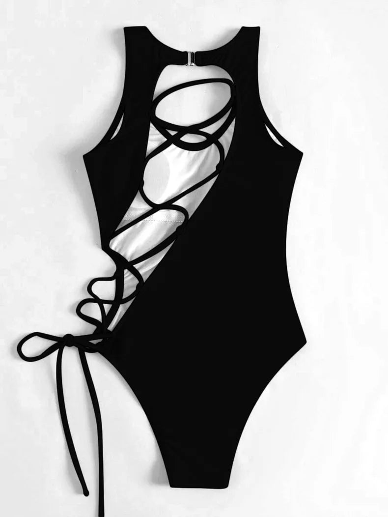 Solid High Cut Swimwear Women Backless Cross Hollow Tied One Piece Swimsuit Monokini Beach Bathing Suit