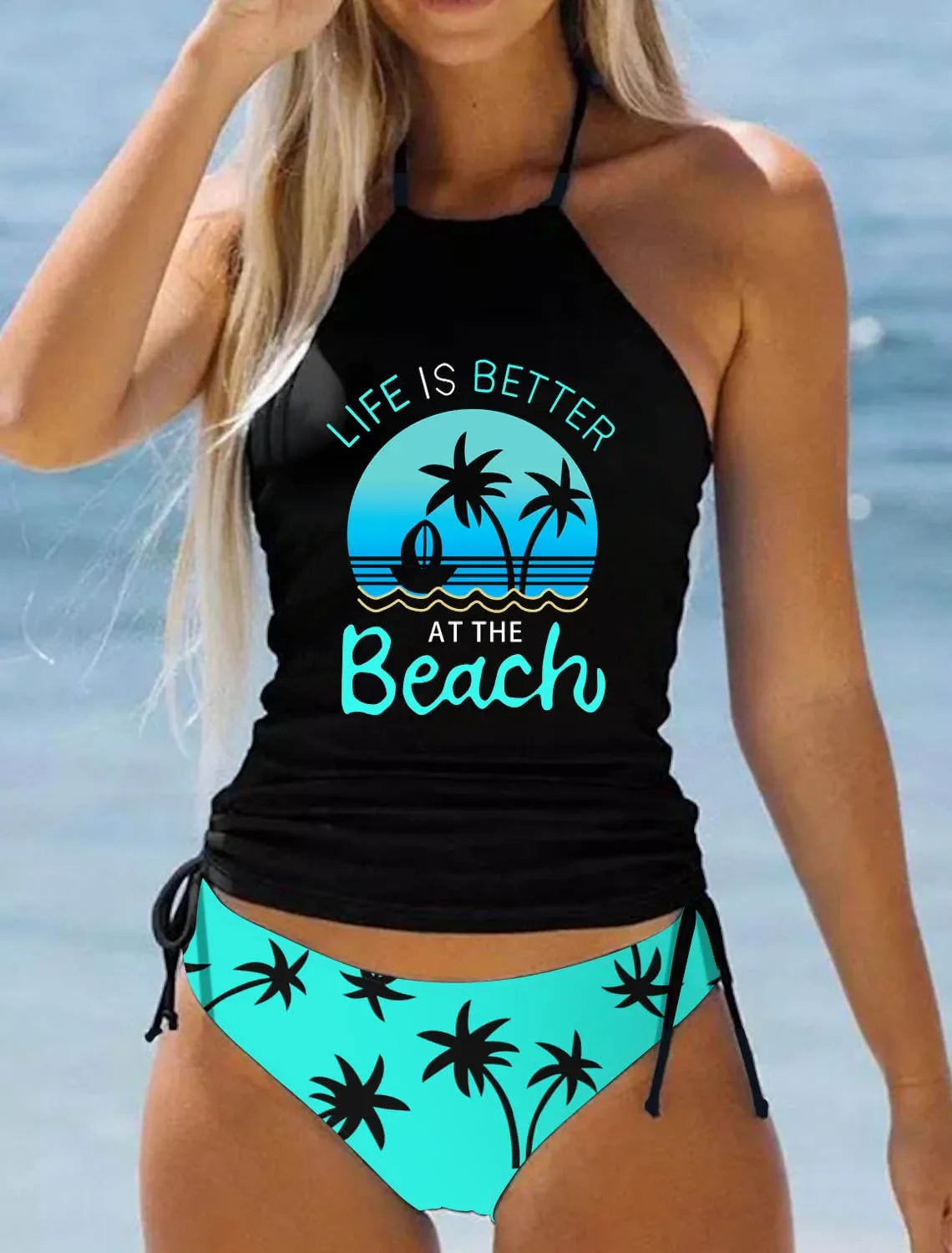 Summer Fashion Casual Vacation Swimsuit Women's Seaside Sunset Dusk Printed Bikini Two Piece Set S-6XL