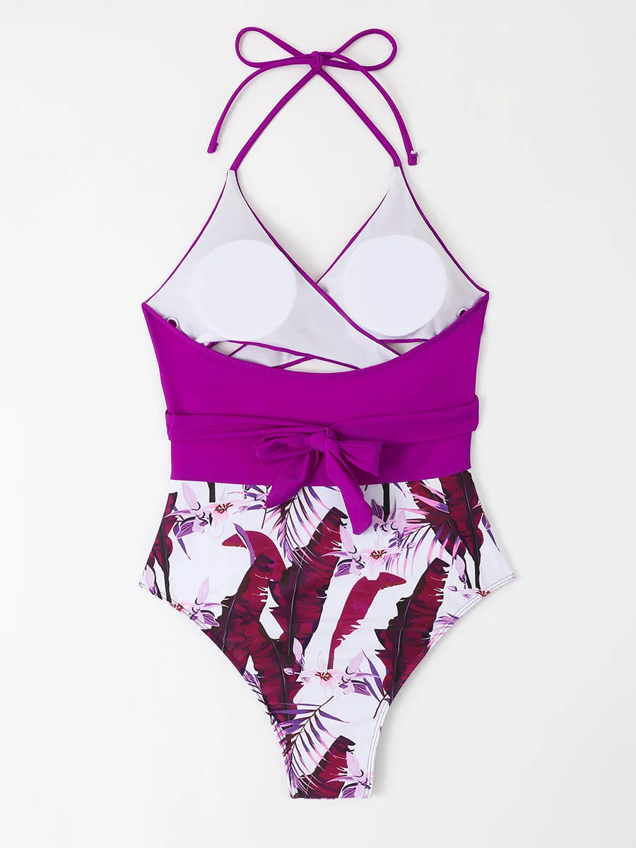 Cross Print Halter One Piece Swimsuit Women Monokini Swimwear Female Bathers Bathing Swimming Suit Beachwear Summer