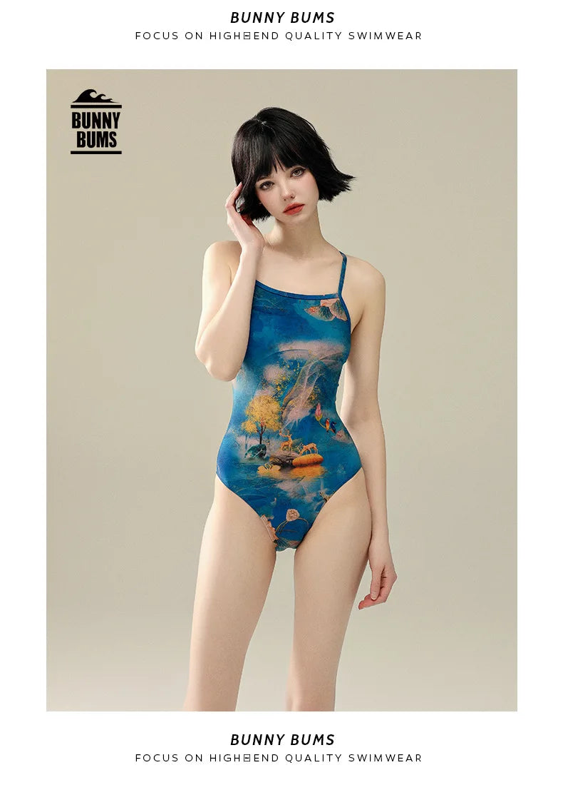 Bunny Bums Blue Flower Women Racing Swimsuit Training Special One-piece Swimsuit
