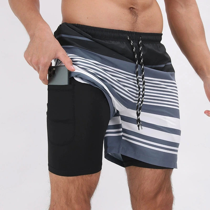 Summer Men's Surfing Swimwear Short Pants Fitness Exercise 2+1 Double Layer Beach Printed Shorts Male Sports Clothing
