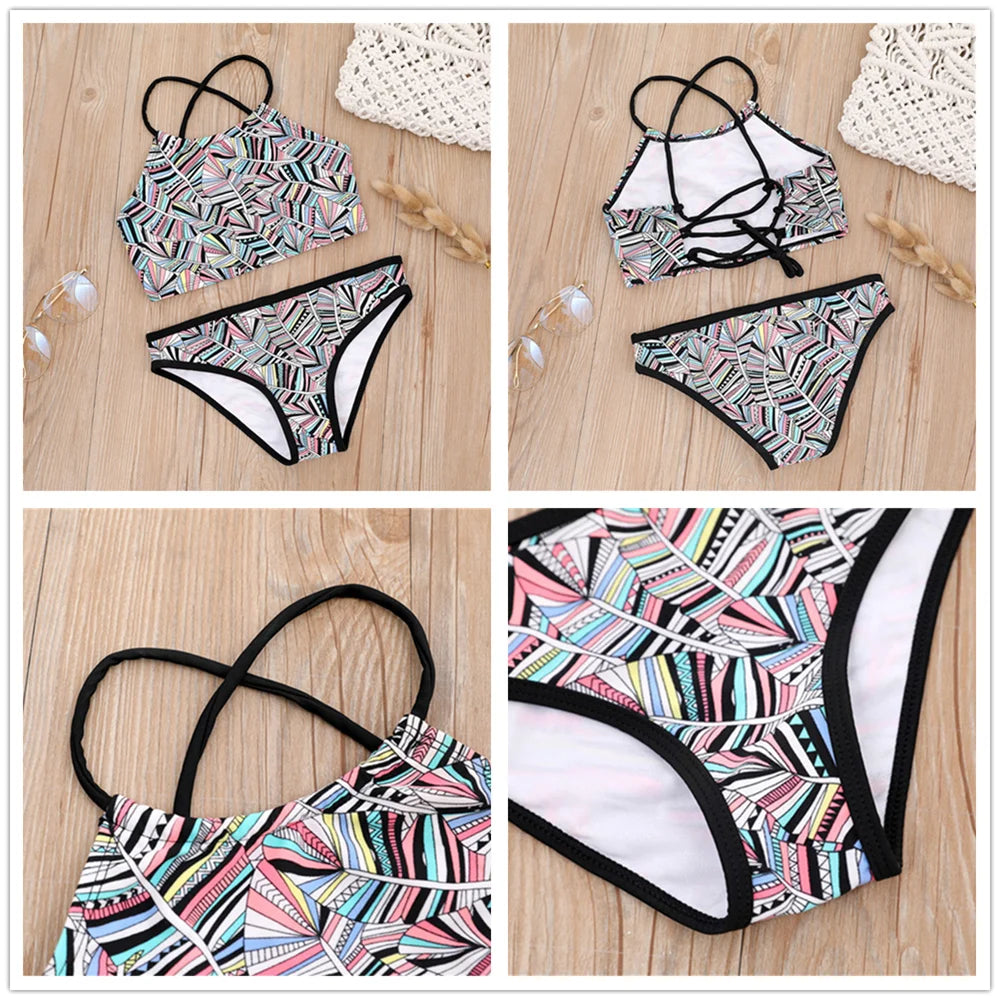 7-14Year Rainbow Print Child Bikini Set 2024 Girls Swimsuit Swimwear For Kids Summer Brazilian Teen Baby Swimming Suit Set 2