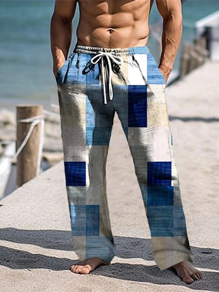 Plaid Color Block Men's Resort 3D Printed Casual Pants Trousers Elastic Waist Fit Straight-Leg Pant Summer Beach Pants 5XL