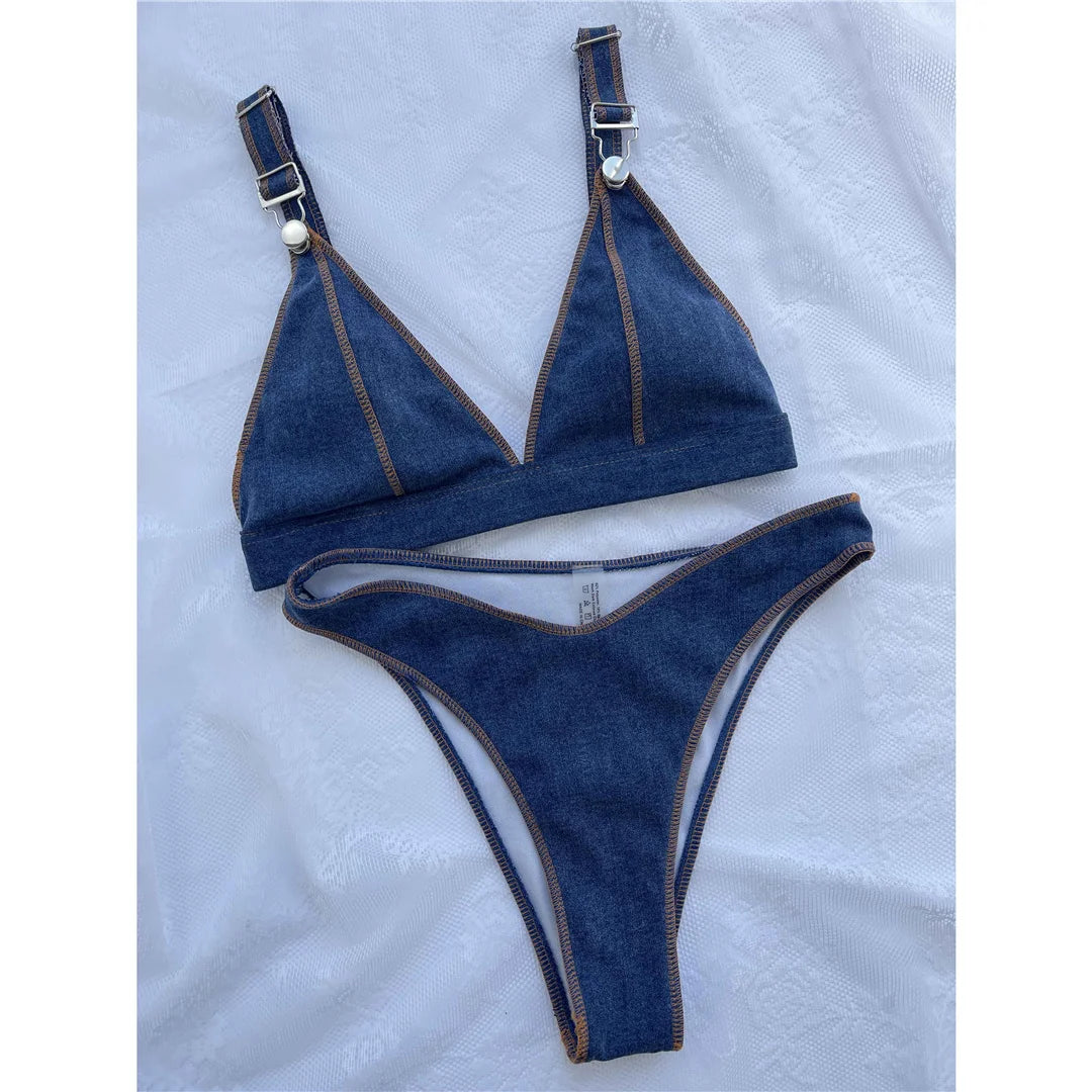 Denim Blue Brazilian High Cut Bikini Female Swimsuit Women Swimwear Two-pieces Bikini set Bather Bathing Suit Swim
