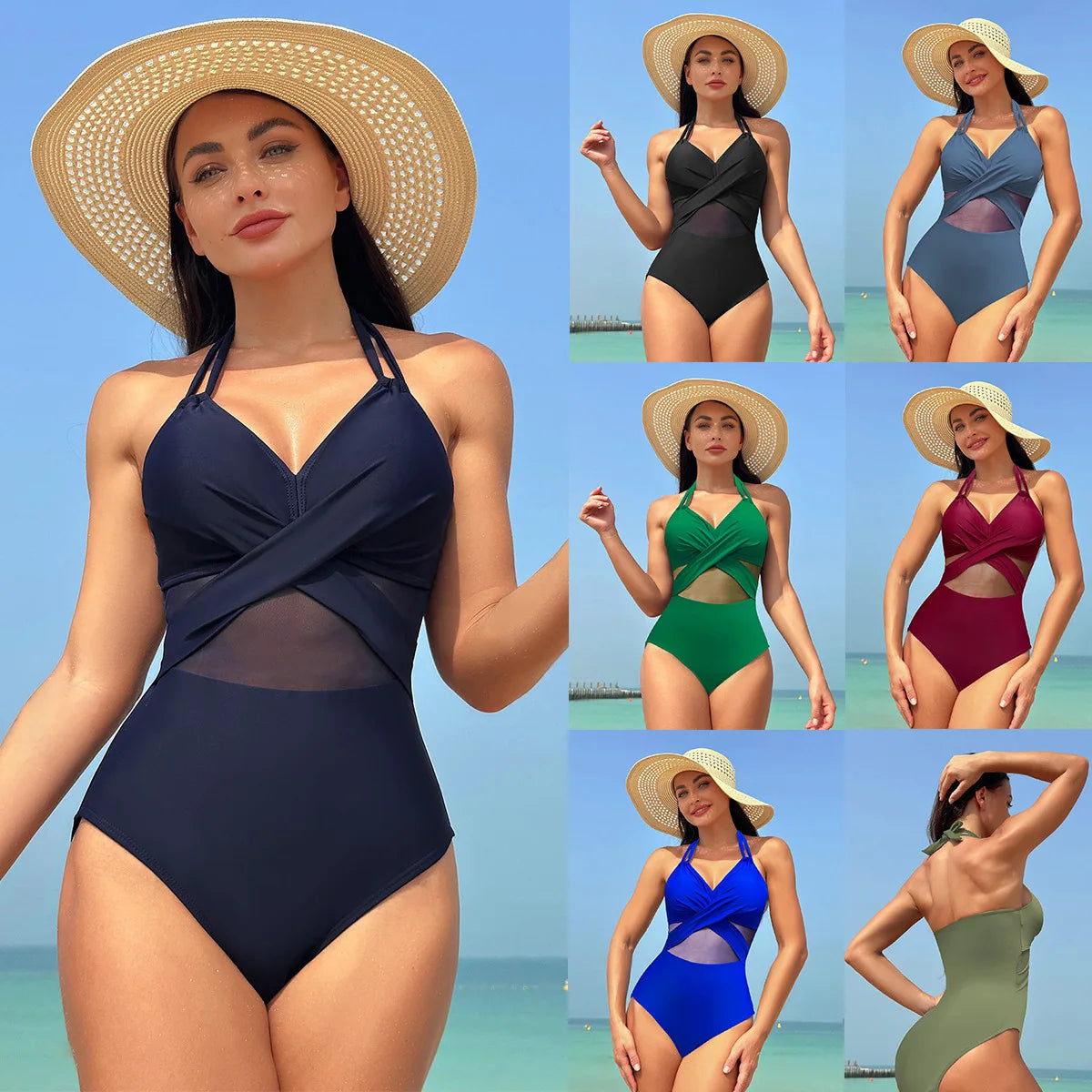 Pure Color Mesh Bikini Swimsuit One Piece Swimsuit Women's Summer