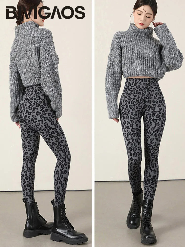 Thin Velvet Fashion Leopard Sharkskin Leggings Women High Waisted Slim Tight Warm Leggings