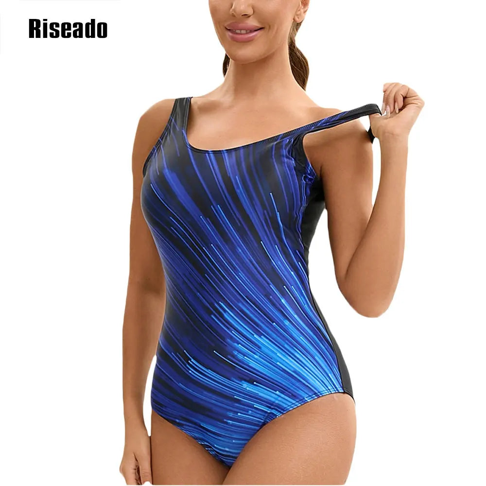 One Piece Swimsuit Women U Back Color Block Print Bathing Suits Athletic Modest Swimwear