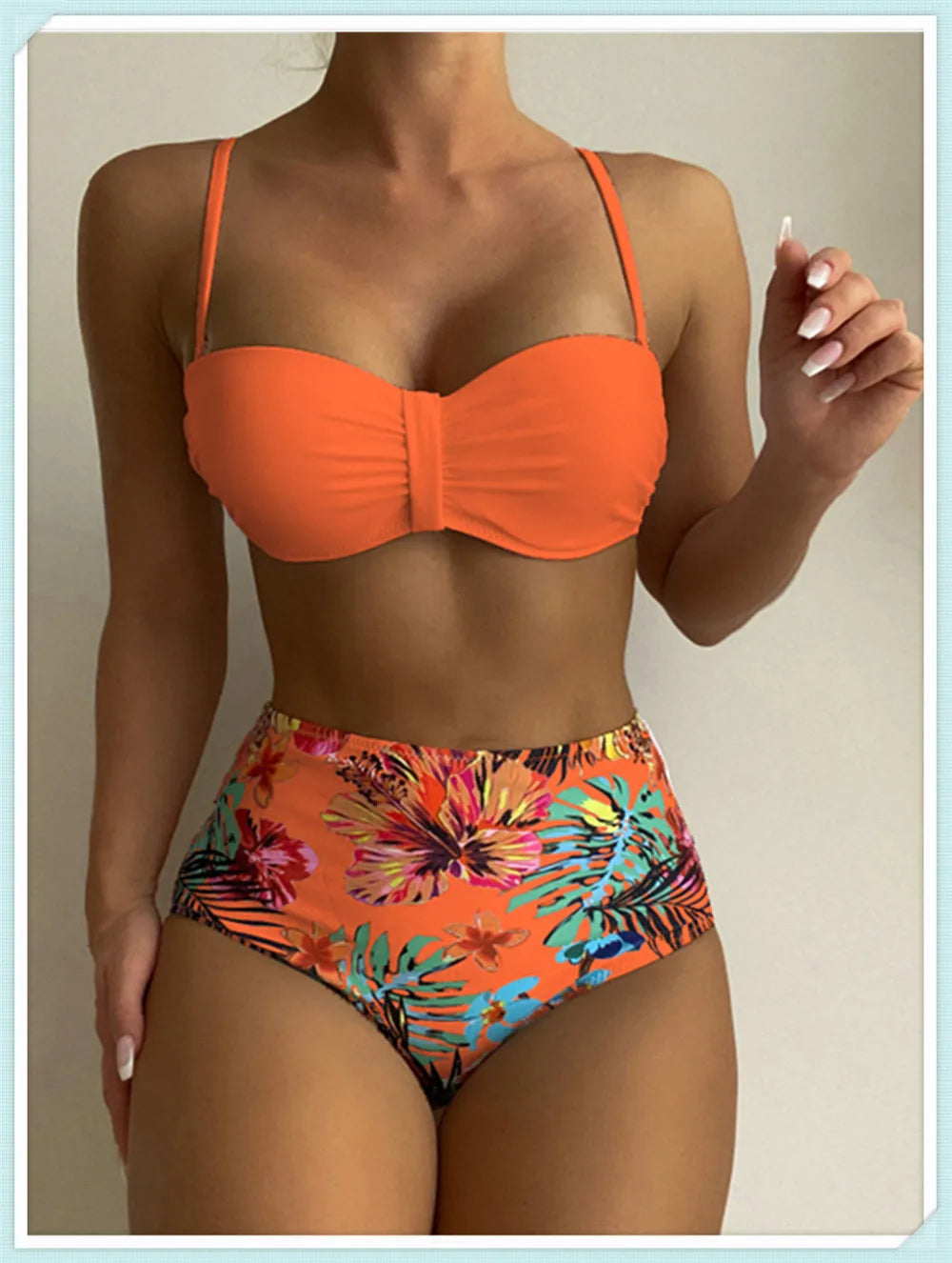 Solid Bandeau Bikini Set Women Tropical Printed Swimwear Female Push Up Swimsuit High Waist Bathing Suit Tie Back Beachwear