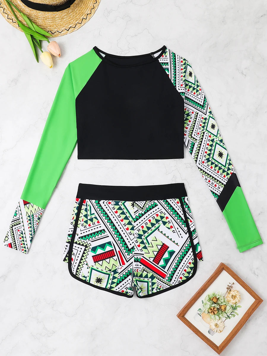 Print Swimsuit Women Two Pieces Surfing High Waist Shorts Swimwear Female Beachwear Bathers Bathing Swimming Swim Suit