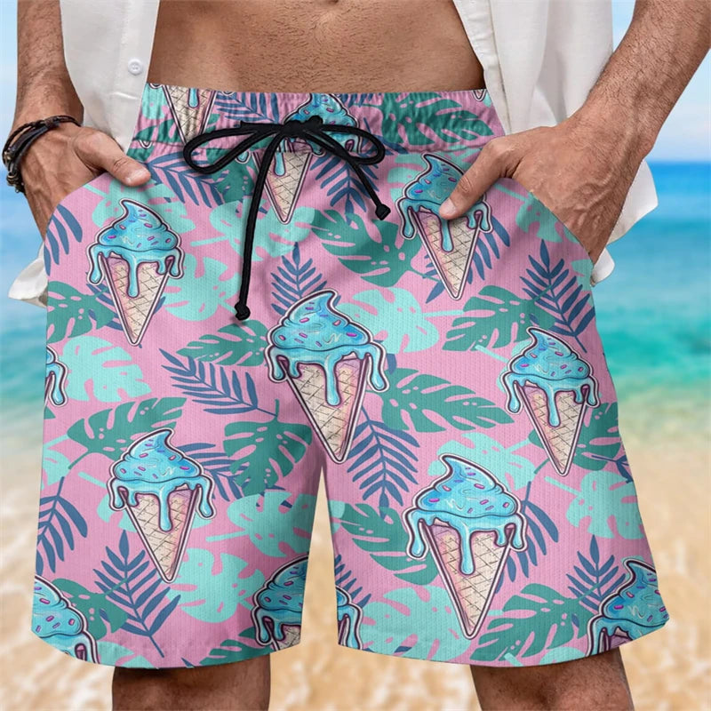 Ice Cream 80s 90s 3d Printed Surfing Board Shorts Cool Summer Street Hip Hop Swim Trunks For Men Vacation Beach Ice Shorts