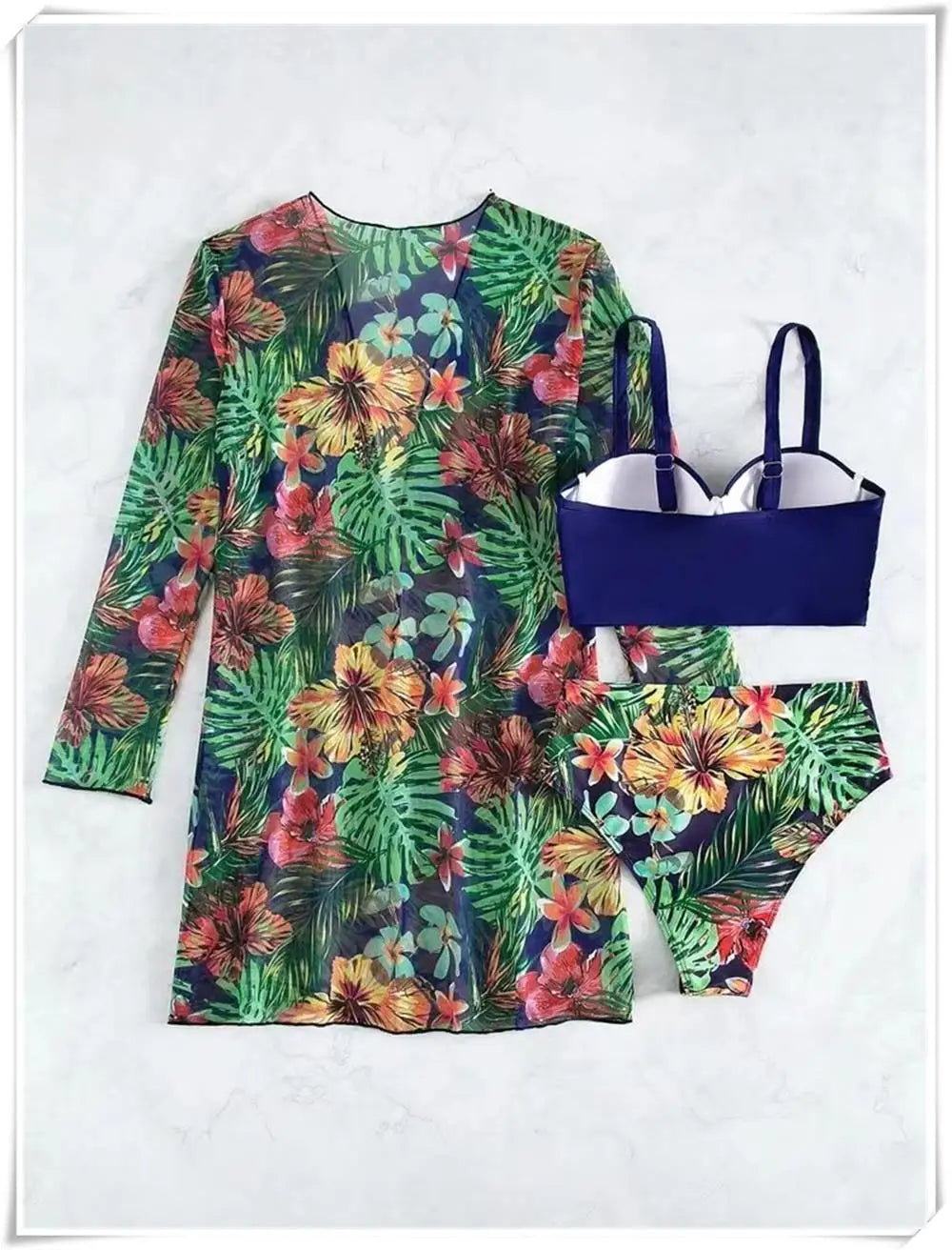 3 Piece Bikini Set Women Cover Up Swimwear Female Tropical Printed Swimsuit Push Up Beachwear Long Sleeve Bathing Suit
