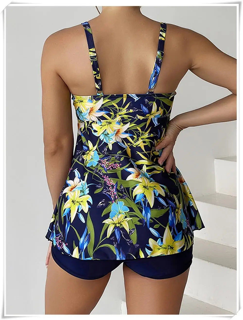 Drawstring Tankini Set Two Piece Swimsuit Short Women Floral Printed Swimwear Female Bathing Suit Beachwear Swimming