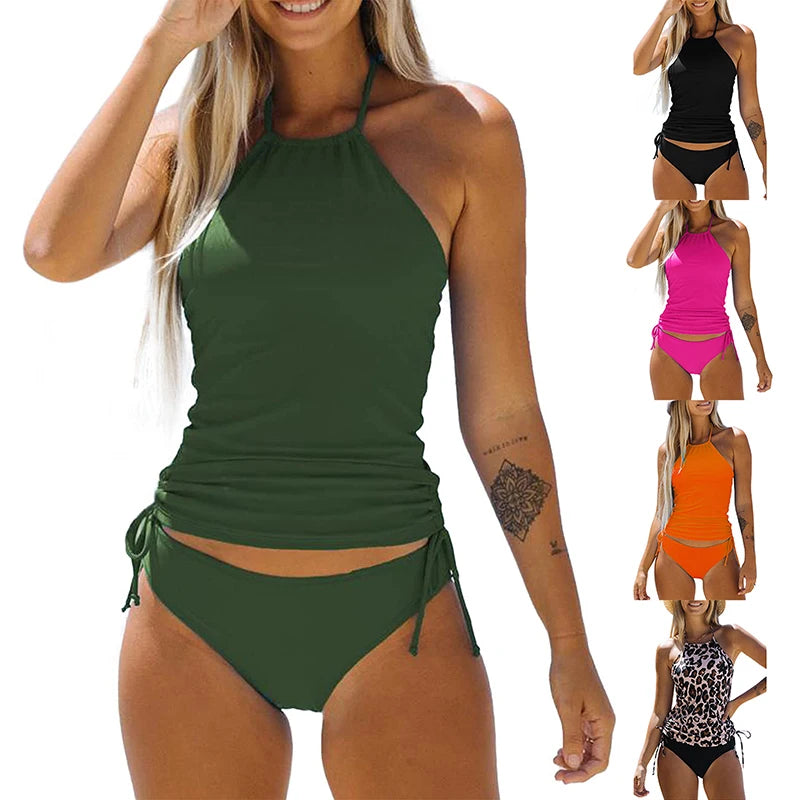 Womens Swimsuit Neck Hanger Sleeveless Backless Crop Tops Solid Color Panties Bathing Suit Beachwear for Female