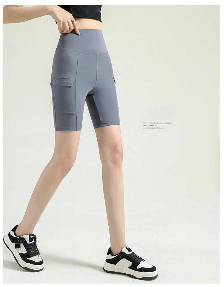 BIVIGAOS Summer New Cargo Pocket Shark Shorts Women's Sport Fitness Cycling Shorts High Waist Running Tight Biker Short Leggings