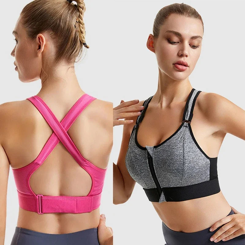 Aiithuug Zip Front Closure Strappy Criss Cross Yoga Bra Women's Padded Shockproof Gathered Seamless Wireless Sport Gym Bras