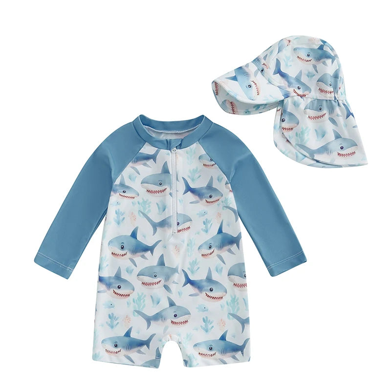 Toddler Boy Long Sleeve Swimsuit Shark Print Half Zipper Non-Pilling Rash Guard Swimwear Sunhat Set