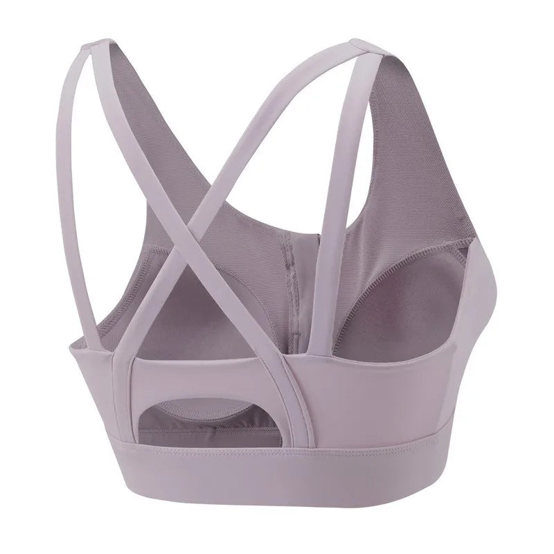 Aiithuug Front Zipper Crisscross Yoga Bra With Built In Cup Women's Strappy Wirefree Sport Gym Pilates Bra High Impact Underwear