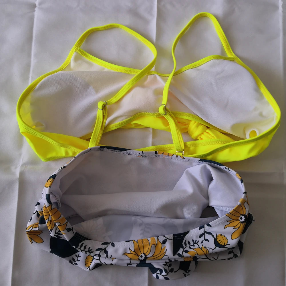 Bikini Two Piece Suit Cross Front Slim High Waisted Bottom Solid/Print Breathable Quick Drying Beachwear