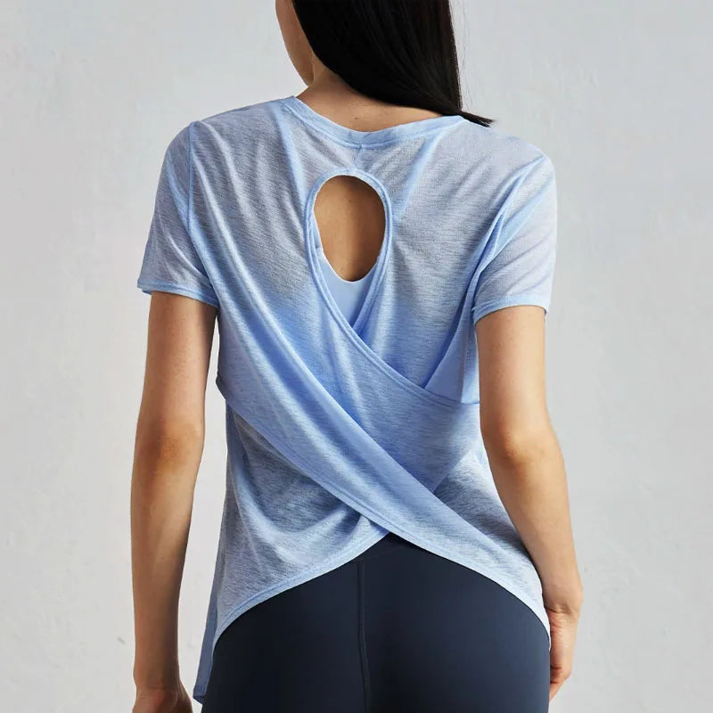Aiithuug Breathable Mesh Yoga Short Sleeve Crisscross Back Yoga Short Sleeve Blouse Quick Dry Gym Shirt Casual Cutout Back Yoga