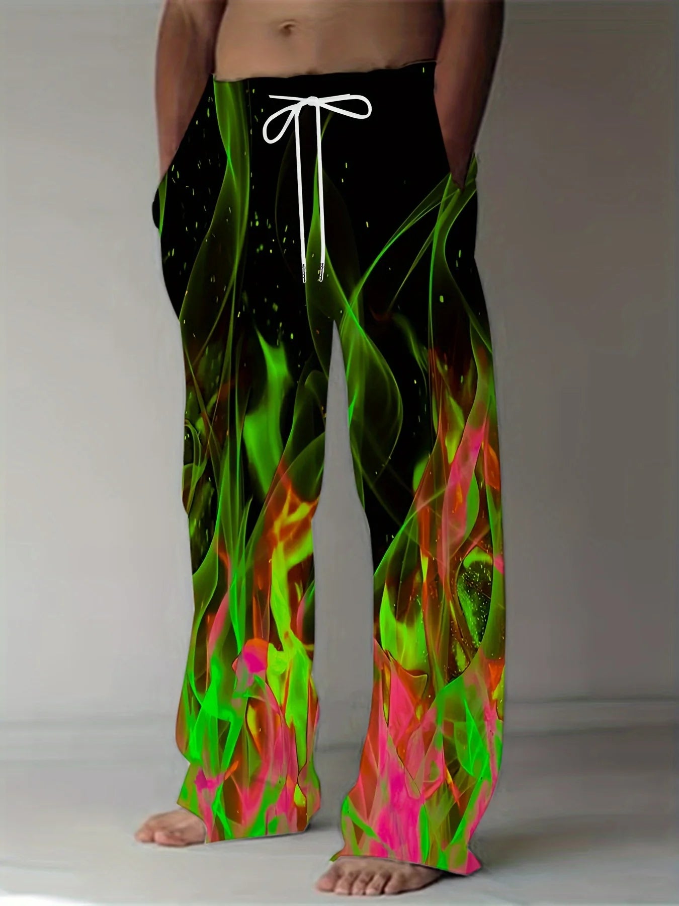 Men's Casual Pants Dynamic 3D Flame Print Straight Leg Casual Pants Waist Retro Style Street Wear