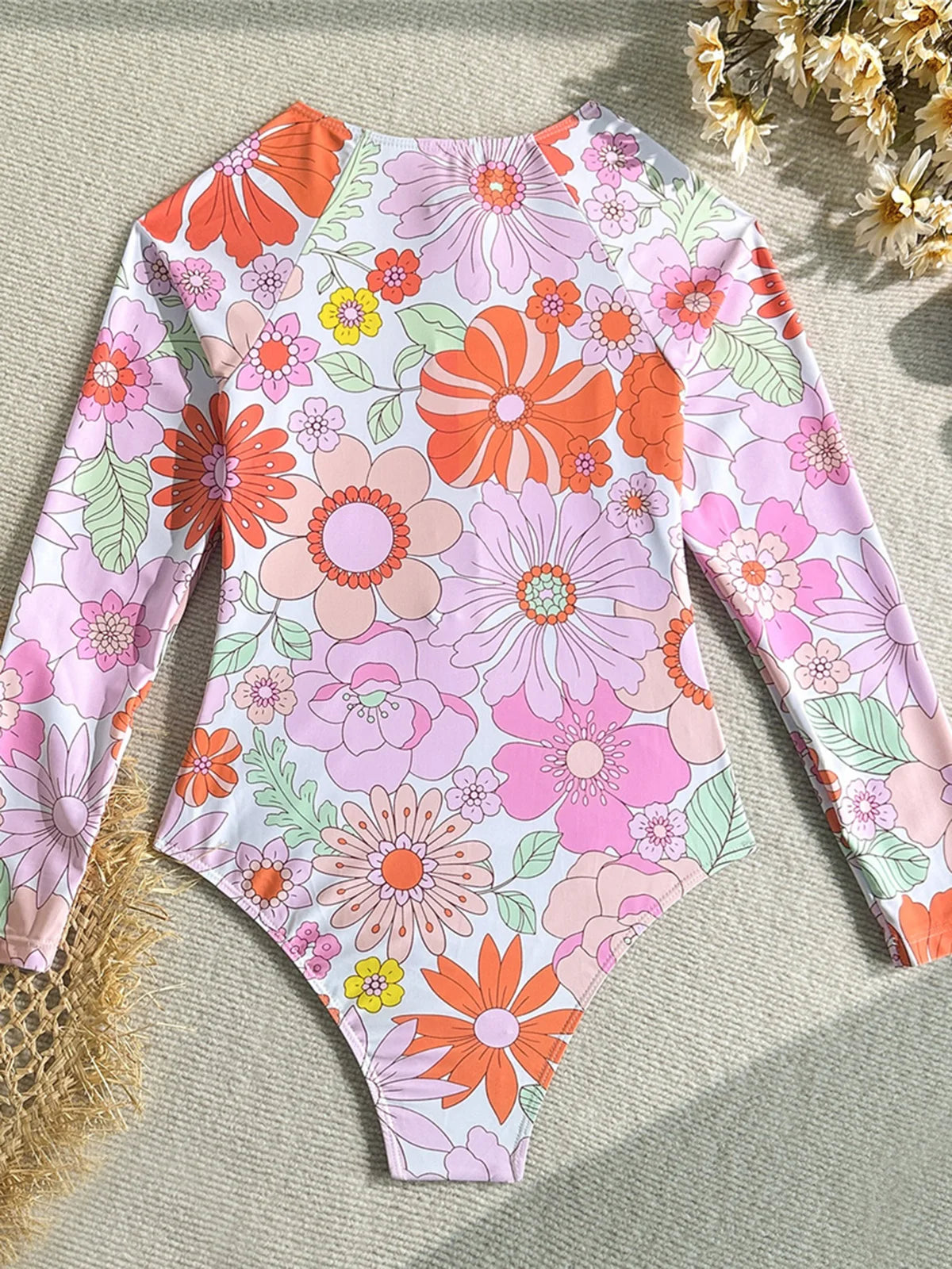 Rash Guard Flowers Printed Long Sleeve Racing Women Swimwear Female With Zipper Wrinkled Bather Bathing Suit Swim One Piece Swimsuit
