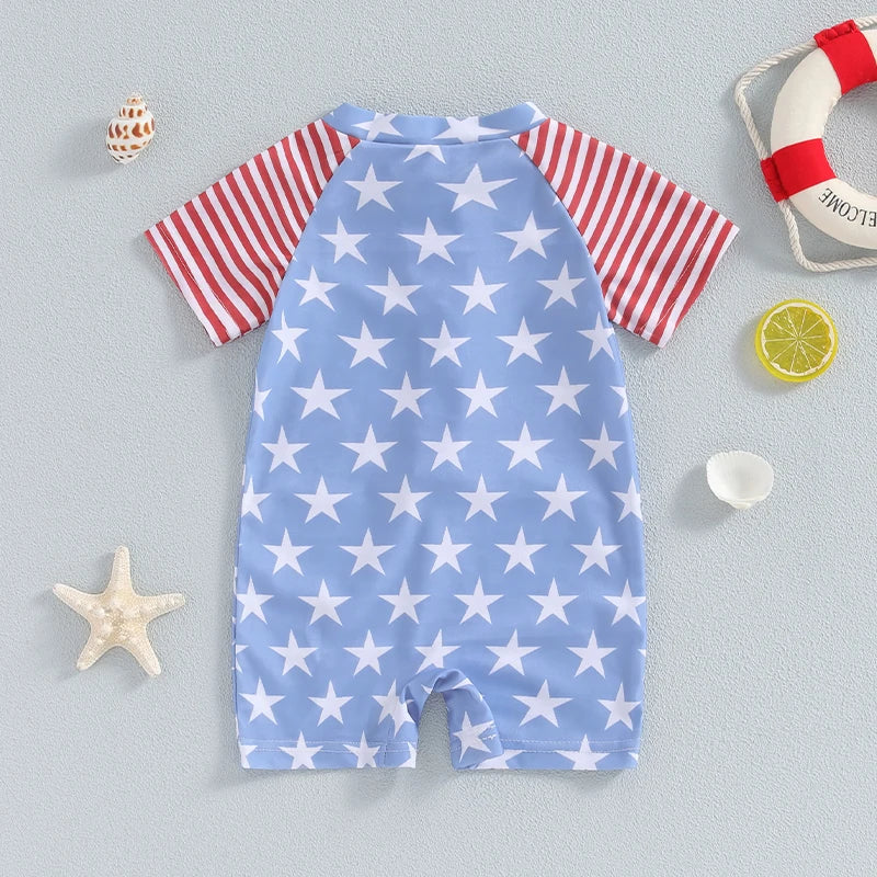 0-3Y Stars and Stripes Baby Boys Swimwear Patchwork Short Sleeve Star Stripe Print Zipper Swimsuit Beachwear