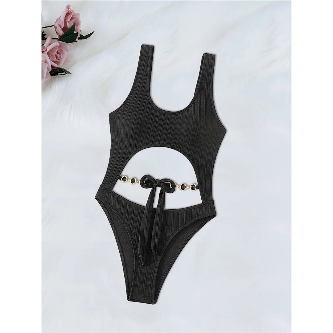 Diamond Rhinestones Tummy Cut Out One Piece Swimsuit Women Swimwear Female Knotted High Leg Cut Bather Bathing Suit Swim