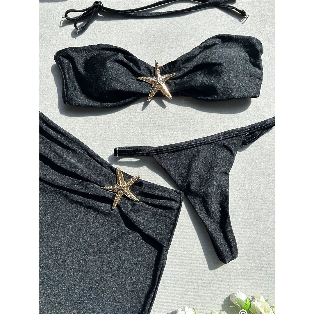With Skirt Metal Star High Leg Cut Bikini Women Swimwear Female Swimsuit Three-pieces Bikini set Bather Bathing Suit Swim
