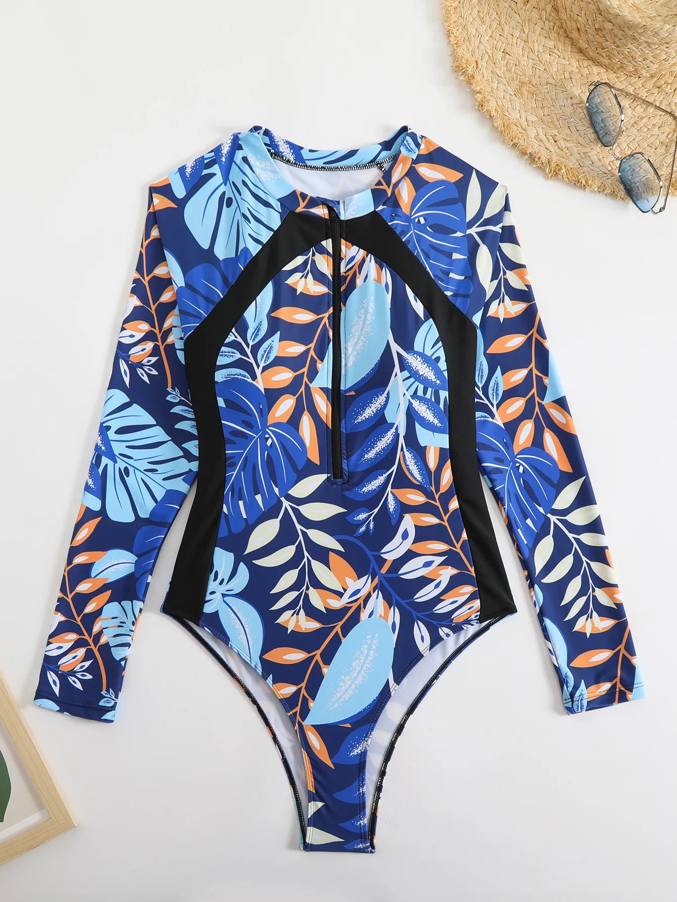 Zipper One Piece Swimsuit Closed Print Long Sleeve Swimwear Sports Surfing Women's Swimming Bathing Suit Beach Bather