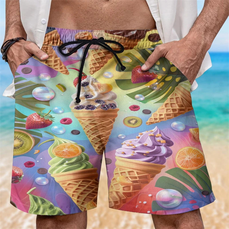 Ice Cream 80s 90s 3d Printed Surfing Board Shorts Cool Summer Street Hip Hop Swim Trunks For Men Vacation Beach Ice Shorts