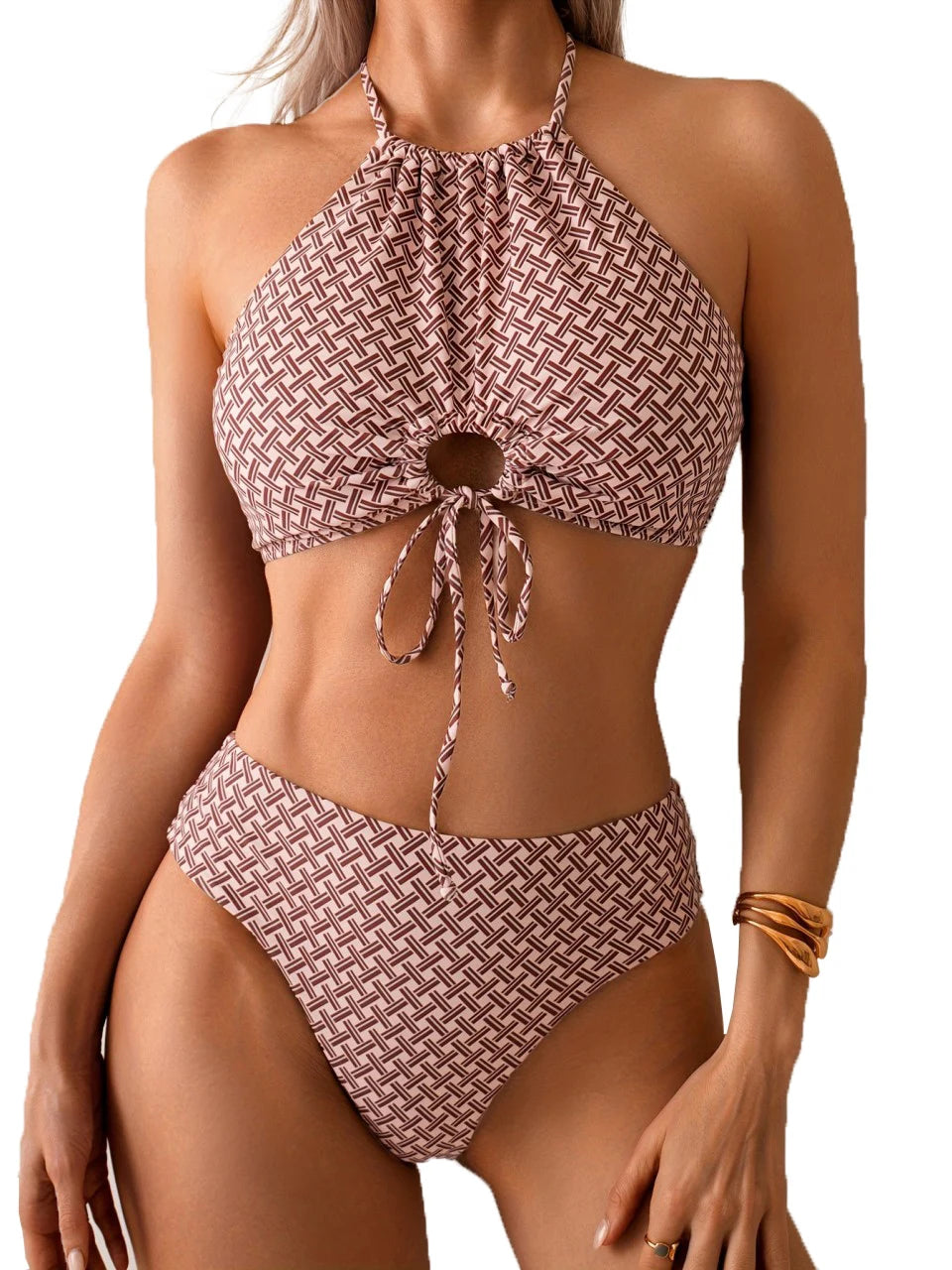 Halter Bikinis Print High Waist Swimsuit Women Hollow Out Swimwear Female Bathers Bathing Swimming Suit Beachwear Summer