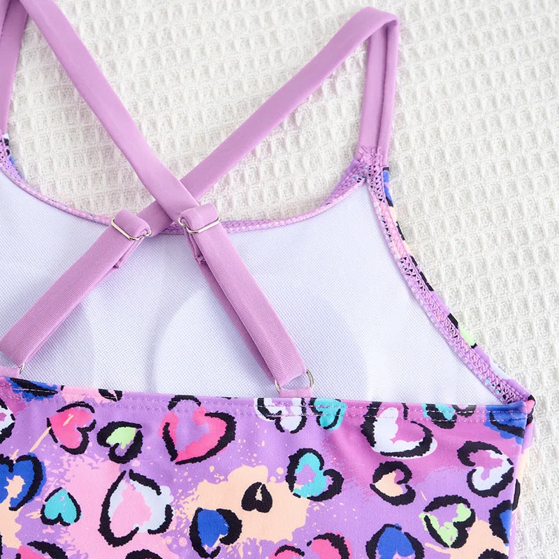 Girls High Waist Bikini Sets Heart Print Crop Tops Kids Swimsuit 8-14 Years Children's Swimwear Teenage Bathing Suit Purple