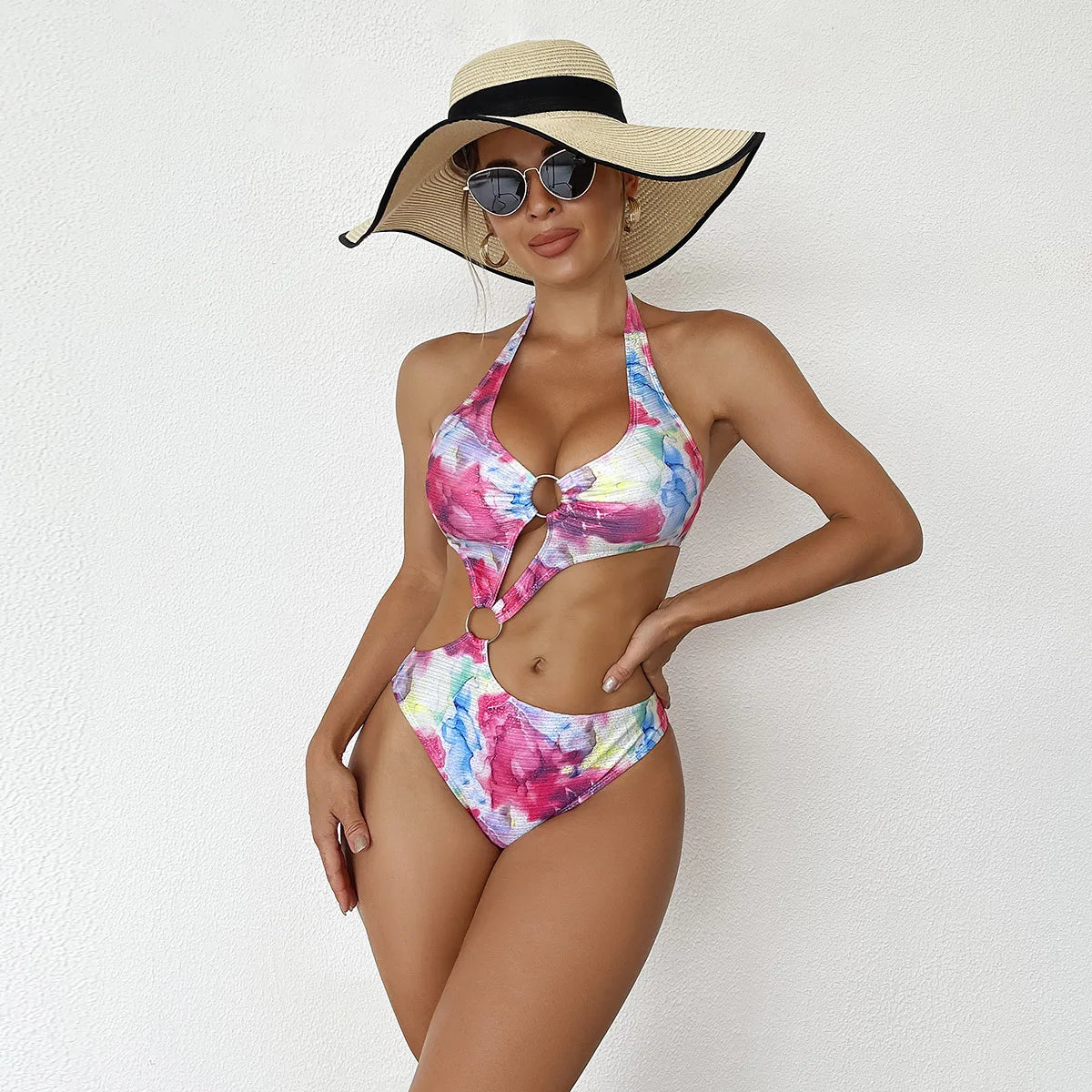Print Tied Halter Swimwear Women Hollow Push Up One Piece Swimsuit Monokini Backless Beach Bathing Suit