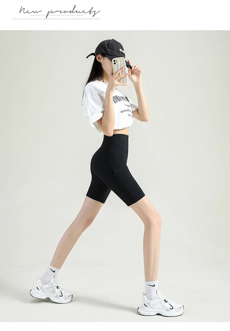 BIVIGAOS Summer New Cargo Pocket Shark Shorts Women's Sport Fitness Cycling Shorts High Waist Running Tight Biker Short Leggings