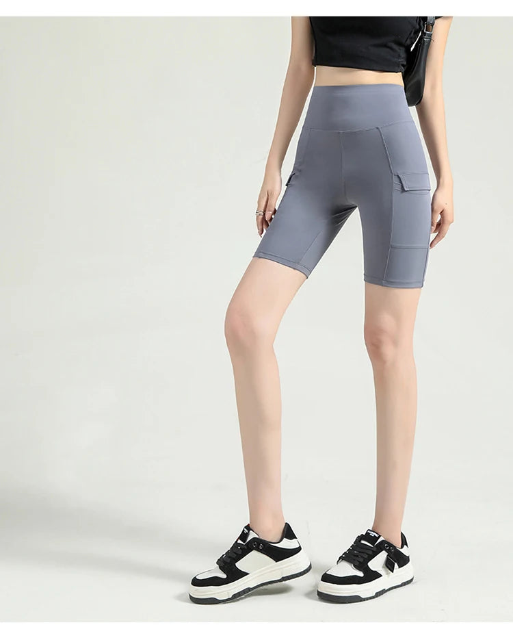 BIVIGAOS Summer New Cargo Pocket Shark Shorts Women's Sport Fitness Cycling Shorts High Waist Running Tight Biker Short Leggings