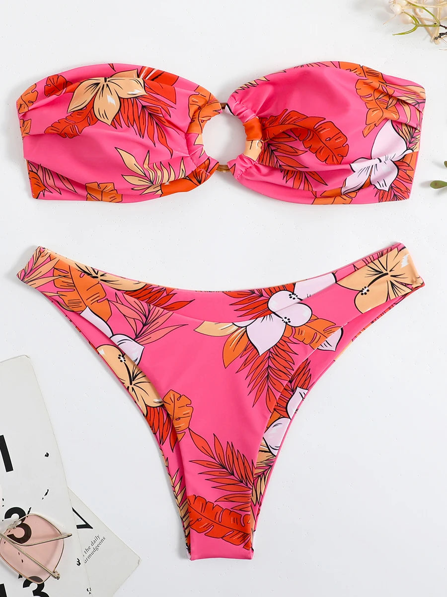 Floral Bikinis Bandeau Swimsuit for Woman Female Swimwear Women Thong Bikini Set Summer Swim Beach Wear Bathing Suits