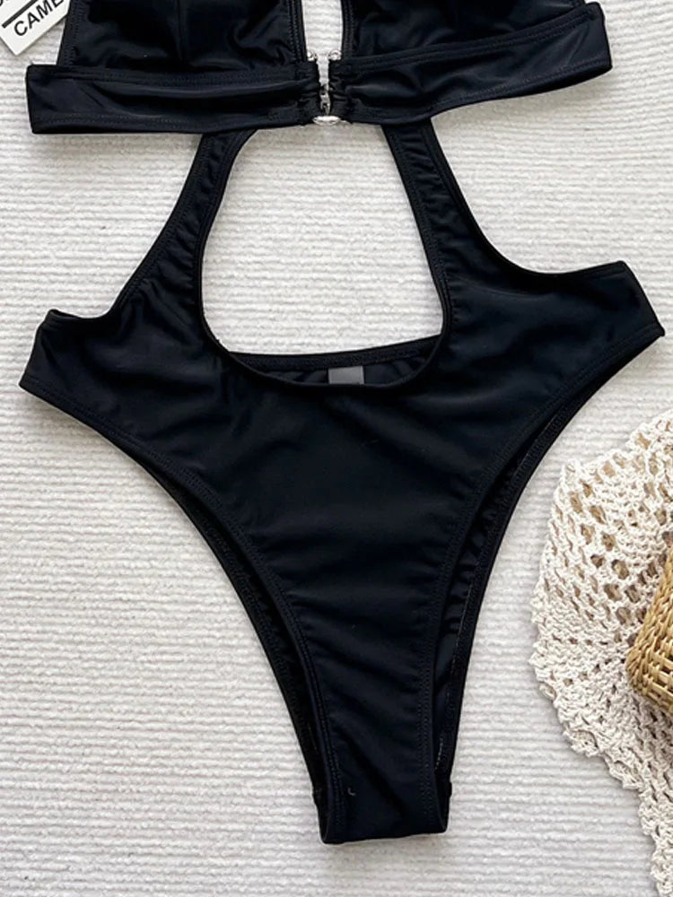Solid Hollow Swimwear Women Halter Push Up One Piece Swimsuit Monokini Brazilian Summer Beach Bathing Suit