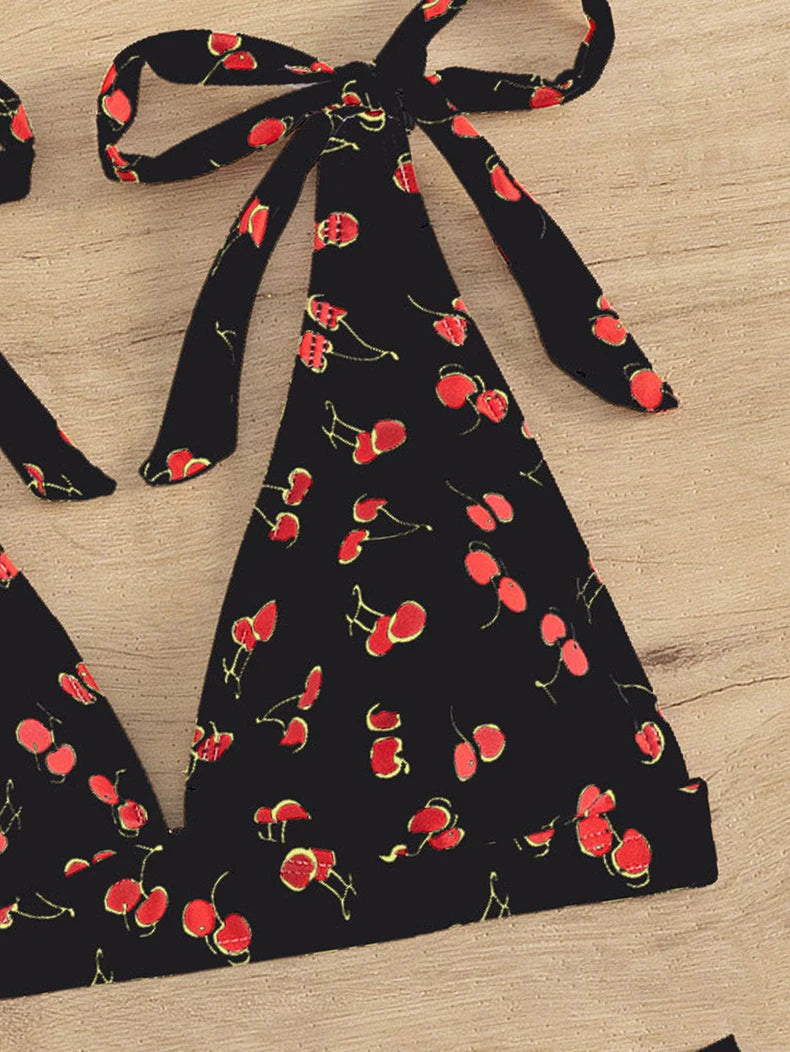 Black Cherry Print Bikini Set Women Tie Up Strap V Neck Push Up High Waist Swimsuit Cut Out Bathing Suit Two Piece Swimwear