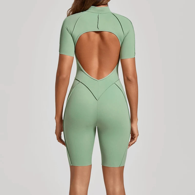 Women's Short-Sleeve Zip-Front Open-Back Workout Playsuit